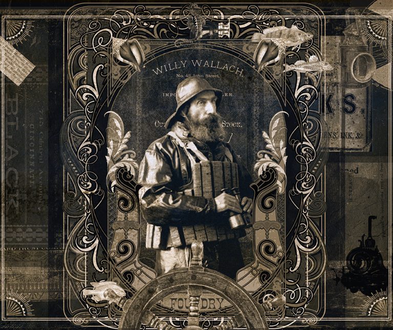 Explorador en un marco vintage. Collage en blanco y negro